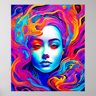 Poster Neon Goddese com Cabelo Cosmico Fluindo