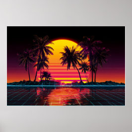 Poster Neon Grid Palm Sunset