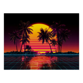 Pôster Neon Grid Palm Sunset