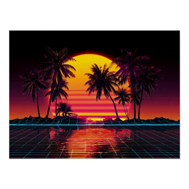 Pôster Neon Grid Palm Sunset (Frente)