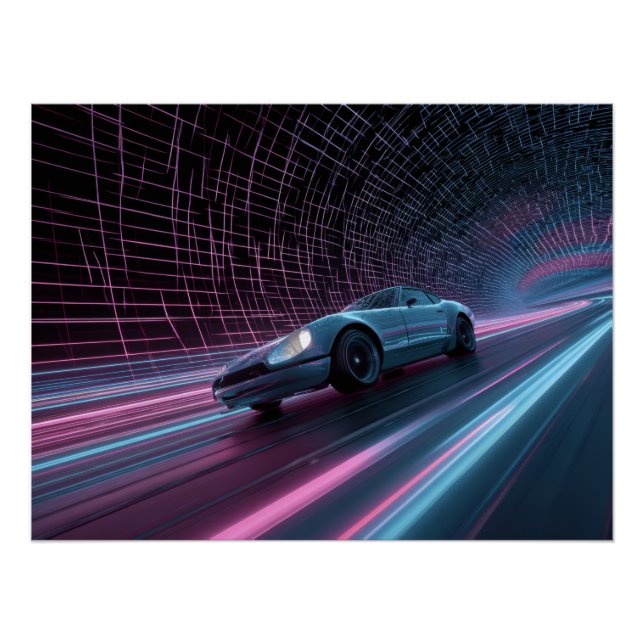 Pôster Neon Grid Racer in Futuristic Tunnel (Frente)