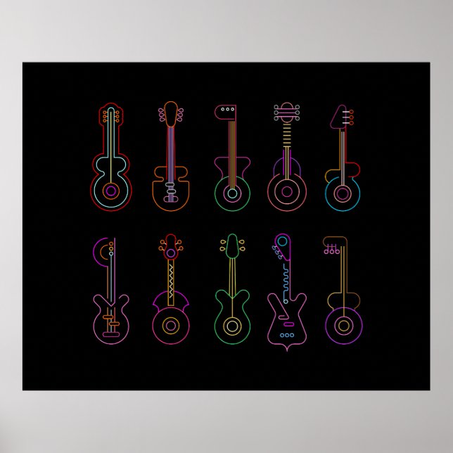 Poster Neon Guitars com fundo preto (Frente)