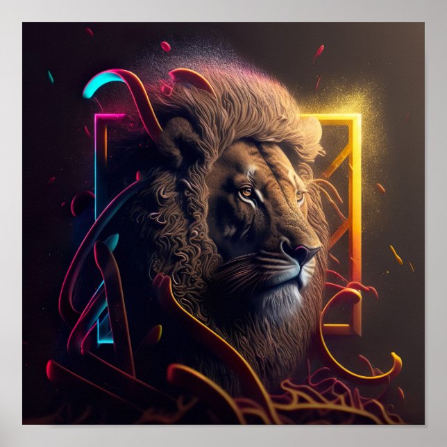 Poster Neon Lion - Estilo de Grafite Motivativo Ca Realis (Frente)