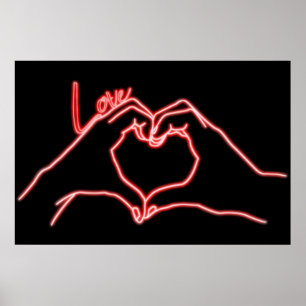 Poster Neon Love Hand Heart Line Art Desenho Bonito Moder