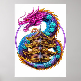 Poster Neon Mechanical Dragon Pagoda Emblem Art