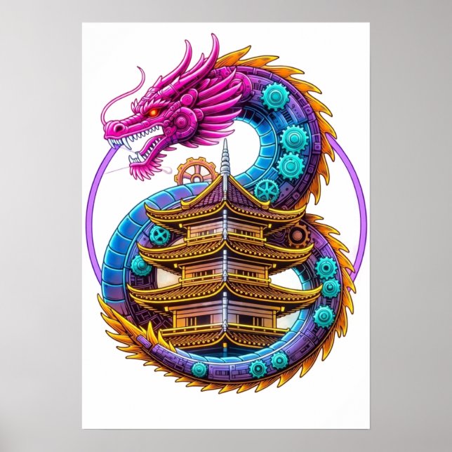 Poster Neon Mechanical Dragon Pagoda Emblem Art (Frente)