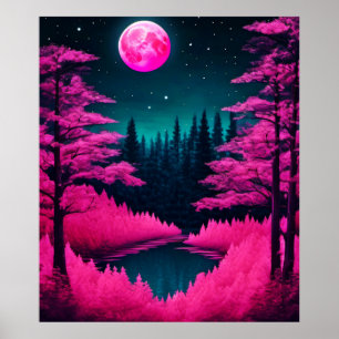 Poster Neon Moonlit Forest Fantasy Art