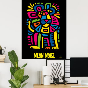 Poster Neon Noise Lion - Arte Tribal Abstrato