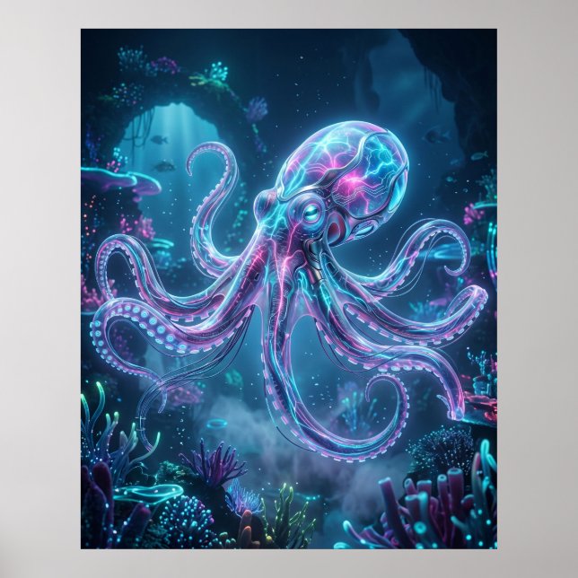 Poster Neon Octopus Data Reef (Frente)