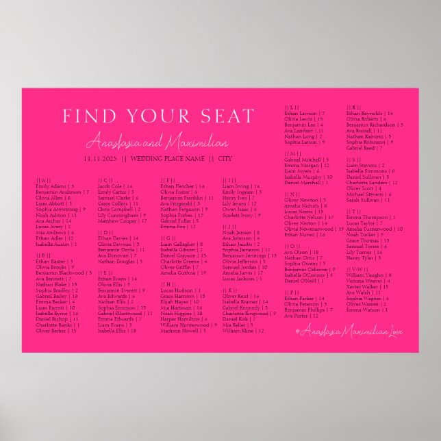 Poster Neon Pink Basic Wedding Alphabetical Seating Chart (Frente)