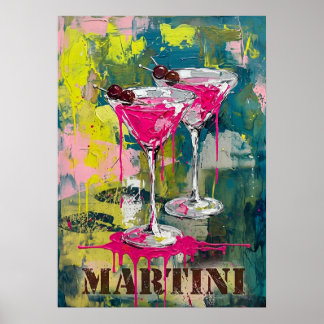 Poster Neon Pink Martini Pop Art: Modernes Cocktail Gemäl