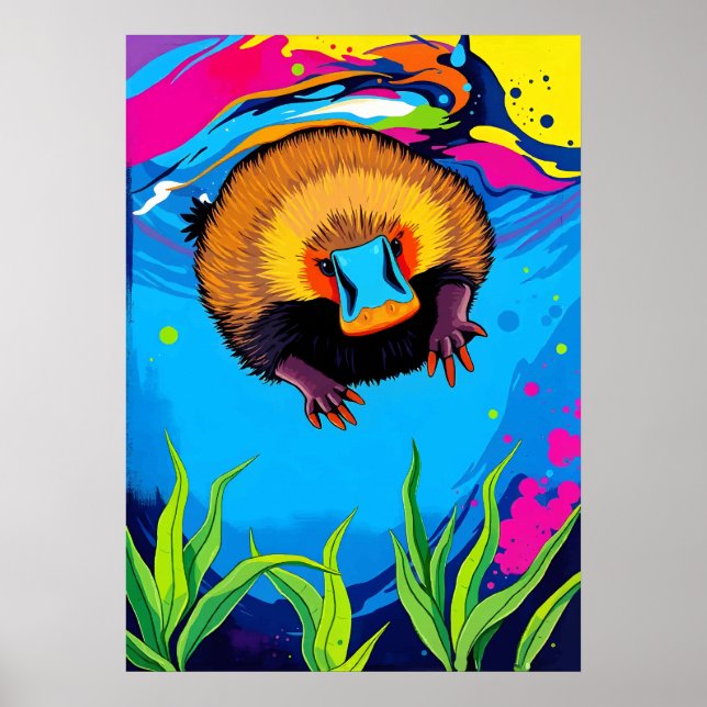 Poster Neon Platypus Underwater Splash - Aussie Colorido (Frente)
