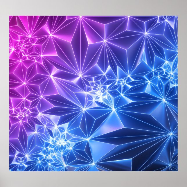 Poster Neon Polygonal: Azul Cor-De-Rosa 3D. (Frente)