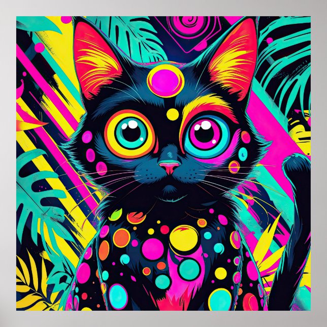Poster ✨ Neon Psychedelic Cat – Pop Art Design 🎨🐱 (Frente)