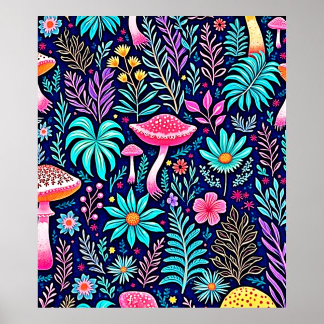 Poster Neon Psychedelic Mushroom Forest Dream (Frente)