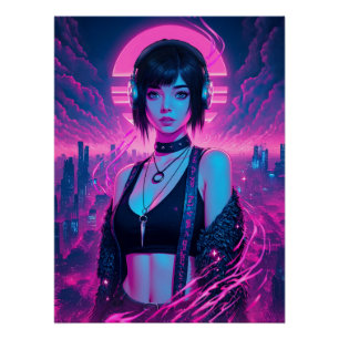 Pôster Neon Retro Cyber Punk Rock Girl Poster