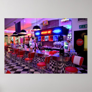 Poster Neon Retro Diner Black White Checkered