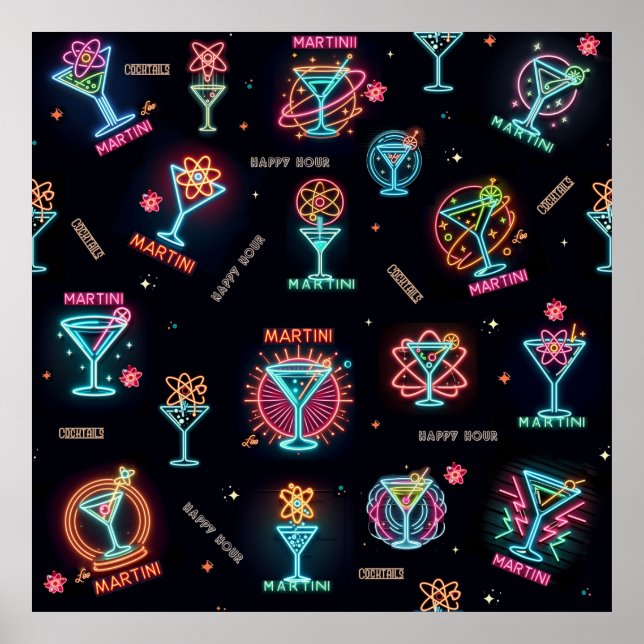 Poster Neon Sign Space Age Atomic Martini Cocktails Impre (Frente)
