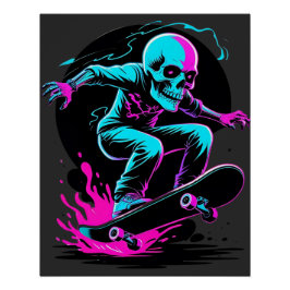 Pôster Neon Skull Skateboard Art - Edgater Skater Design