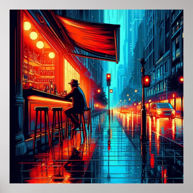 Poster Neon Solitude: Rainy Night no City Cafe (Frente)