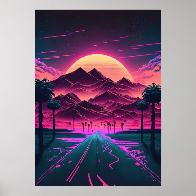 Poster Neon Sunrise sobre as Montanhas (Frente)