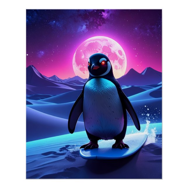 Pôster Neon Surf Penguin (Frente)