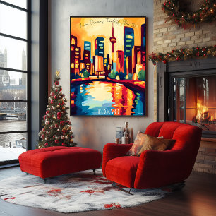 Poster Neon Tokyo Skyline no estilo Fauvist Abstrato