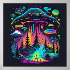 Poster Neon UFO Psicodélico e Arte de Rapto de Alienígena