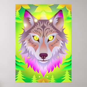 Poster Neon Wolf na Floresta Abstrato