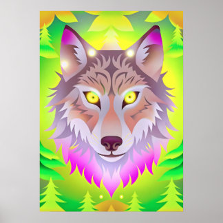 Poster Neon Wolf na Floresta Abstrato