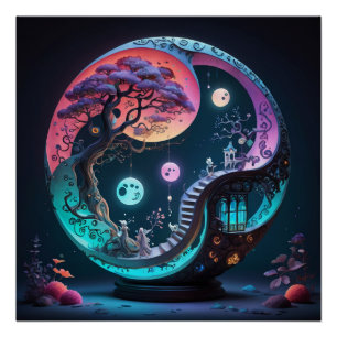 Pôster Neon Yin Yang Surreal Fantasy 1