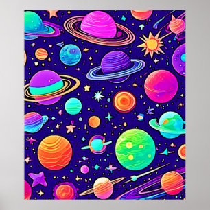 Poster Neons Fluidos: Planetas e Estrelas