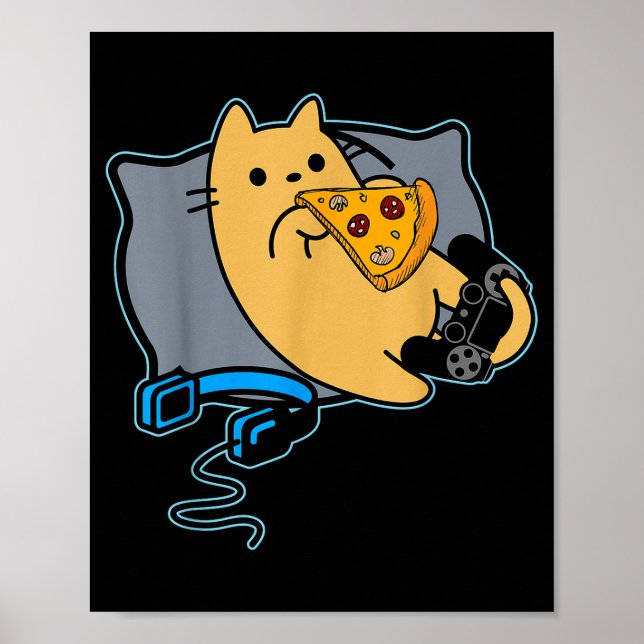 Poster Nerdy Zza Eating Gamer Cat Game Paused  (Frente)