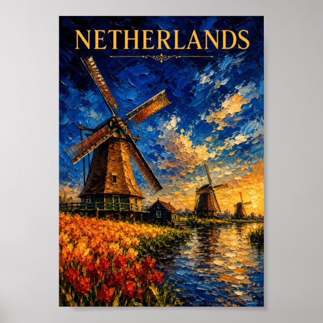 Poster Netherlands: Golden Sunset Windmill Art Souvenir (Frente)