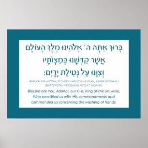 Poster Netilat Yadayim Hebrew Blessing Hand-Washing Teal