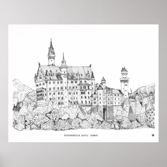 Poster Neuschwanstein Castle Alemanha Fine Line Art (Frente)