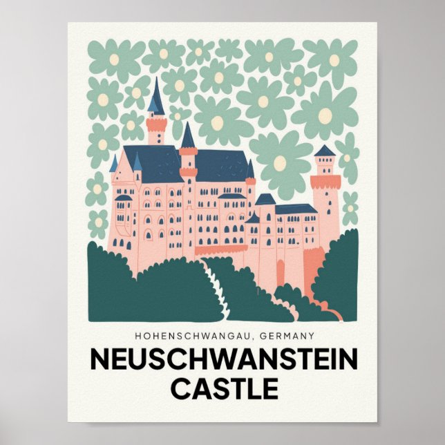 Poster Neuschwanstein Castle Alemanha viagem arte floral (Frente)