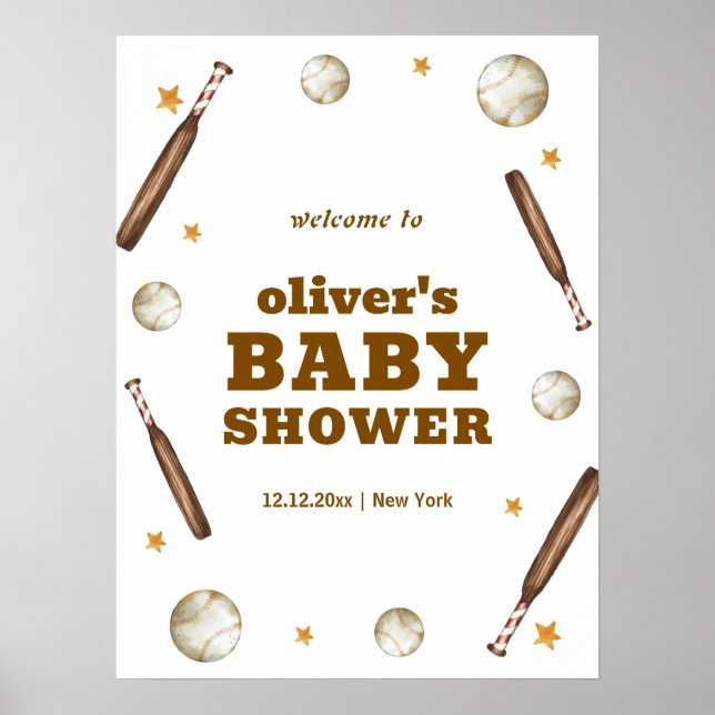 Poster Neutral Batter Up Baseball Baby Shower Welcome  (Frente)