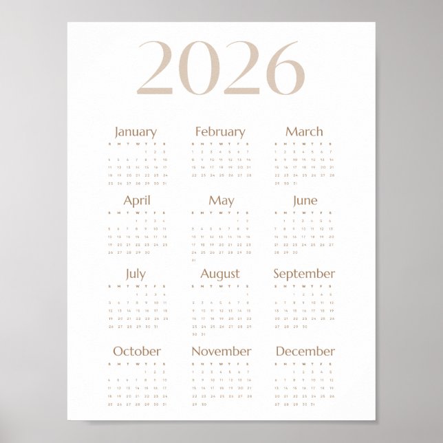 Poster Neutral Beige 2026 Calendar Minimalist One-Page (Frente)