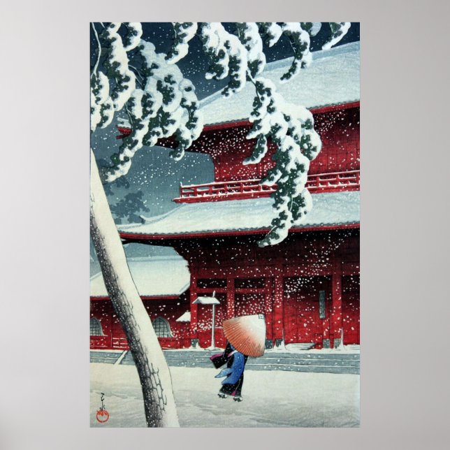 Poster Neve à noite no rio Edo Hasui Kawase (Frente)
