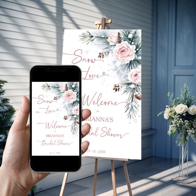 Poster Neve apaixonada por chá de panela de inverno sinal (Snow in love winter bridal shower personalized welcome sign poster template instant download)