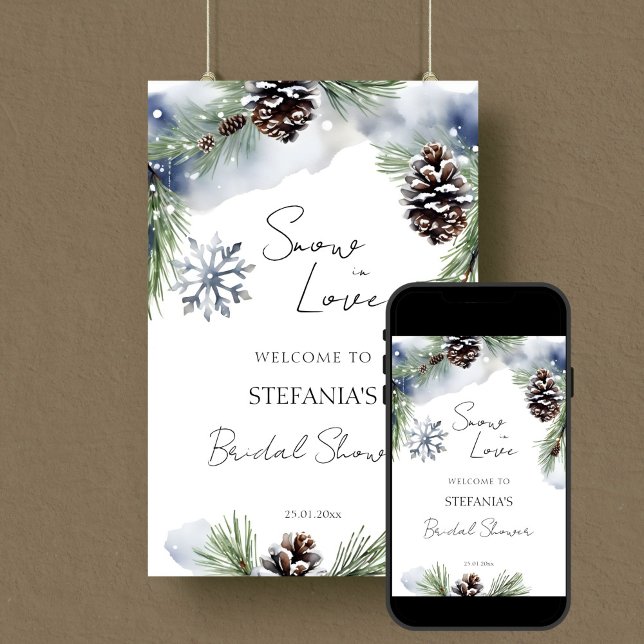 Poster Neve apaixonada por chá de panela de inverno sinal (Snow in love winter bridal shower editable template welcome sign digital download snowy pines cones)