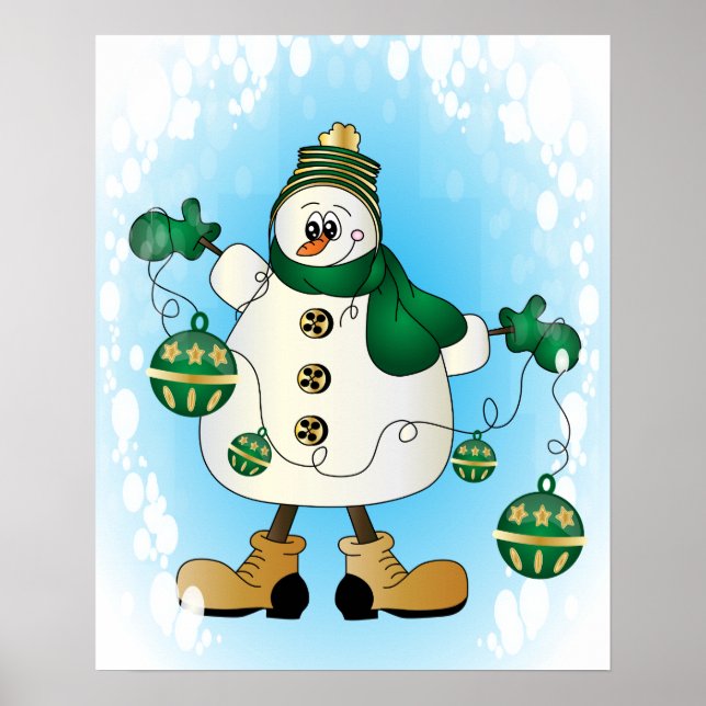 Poster Neve com Enfeites de natal Verdes (Frente)