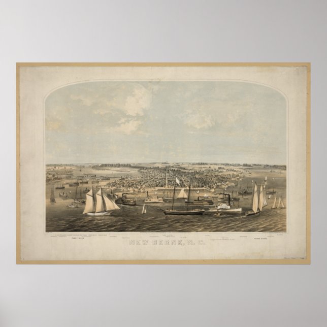 Poster New Bern North Carolina 1864 Antique Panoramic Map (Frente)