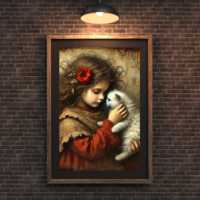 Poster New Kitten, New Love - Young Girl and Cat Art (Criador carregado)