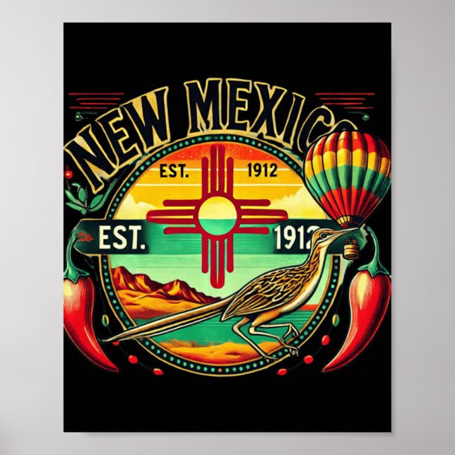 Poster New Mexico Zia Symbol, Roadrunner &amp; Chile Pepp (Frente)