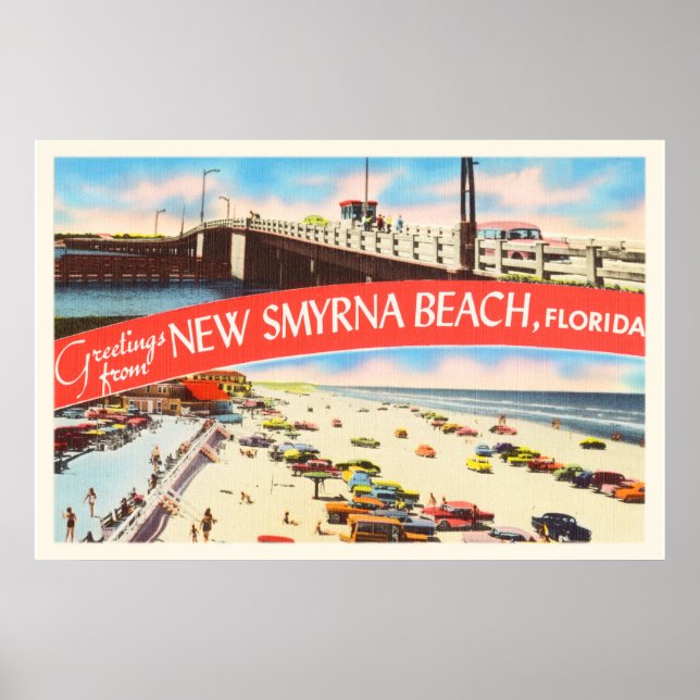 Poster New Smyrna Beach Flórida FL Antiga Viagem Souvenir (Frente)