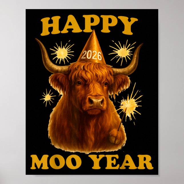Poster New Years Highland Cow Scottish Nye Party Farm Ani (Frente)