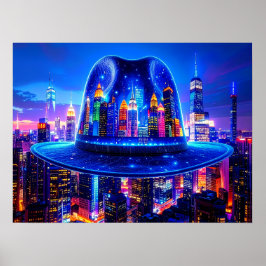 Poster New York City Buildings at Night Under Fedora Hat 