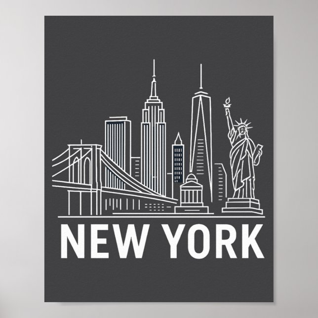 Poster New York Skyline With Statue Of Liberty White Line (Frente)